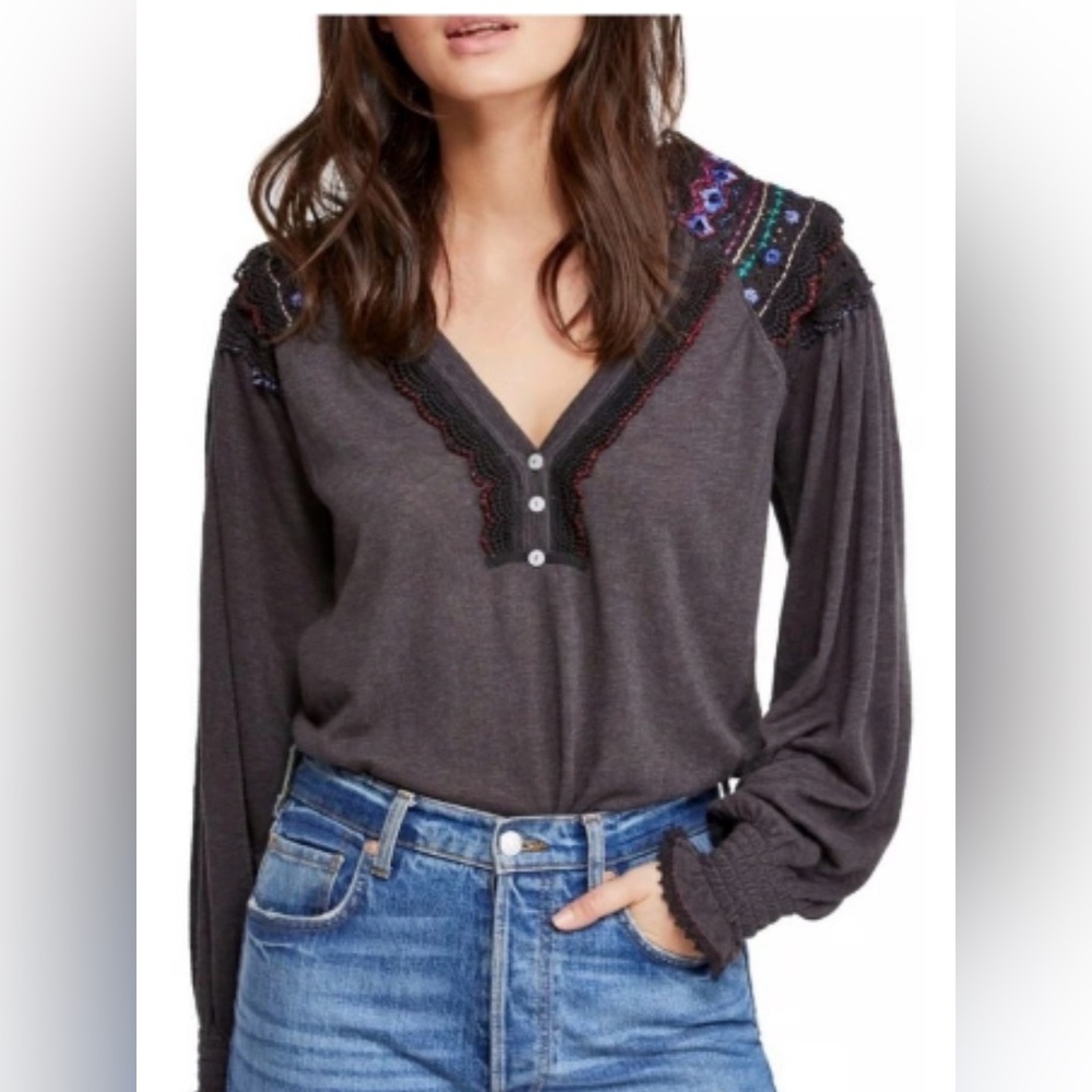 Free People Siesta Fiesta Colorful Embroidered Long Sleeve Shirt (M)